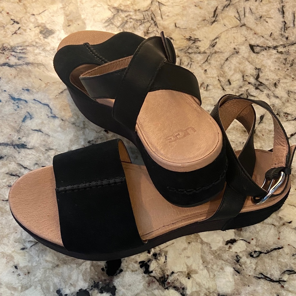 UGG Women’s Black Leather & Suede Platform Sandal Size 9